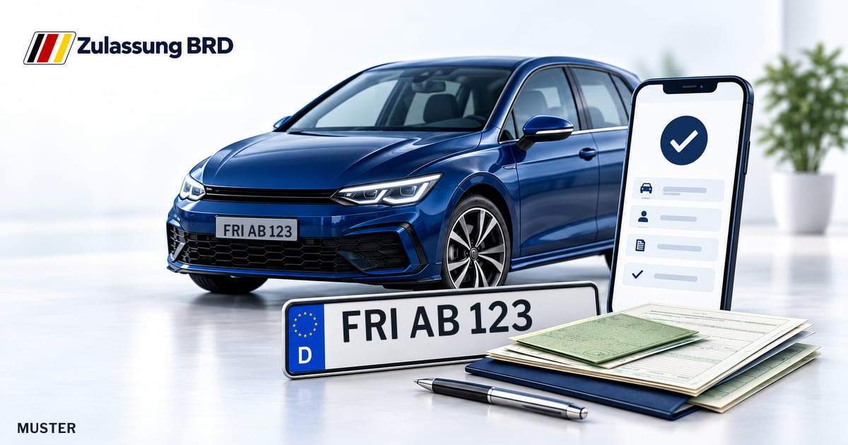Online Fahrzeugzulassung in Jever: Musterkennzeichen FRI AB 123, Auto und Fahrzeugpapiere und Smartphone. Illustration mit Logo von Zulassung BRD.